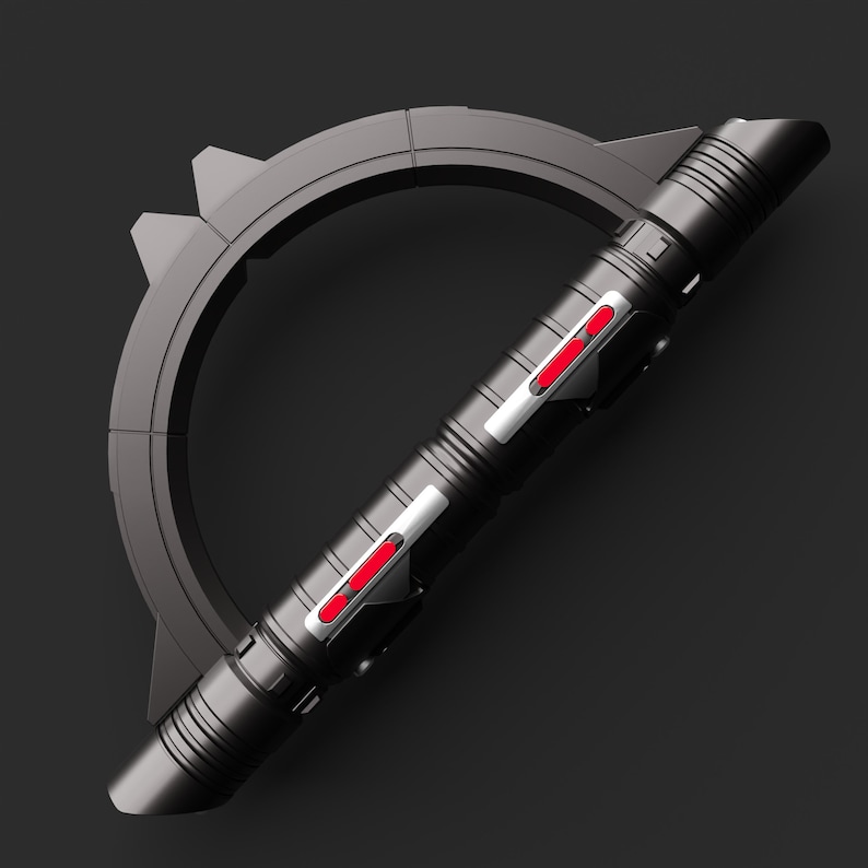 May include: A black lightsaber with a circular handle and red lights. The lightsaber is in a curved position.