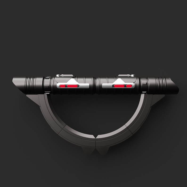 May include: A black lightsaber with a curved handle and red lights on the side. The lightsaber is on a black stand.