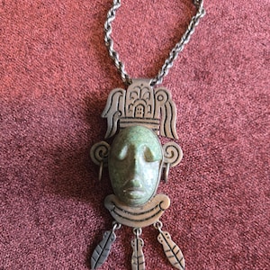 Vintage Taxco Sterling Silber mexikanischer Maya Anhänger / Pin und Kette
