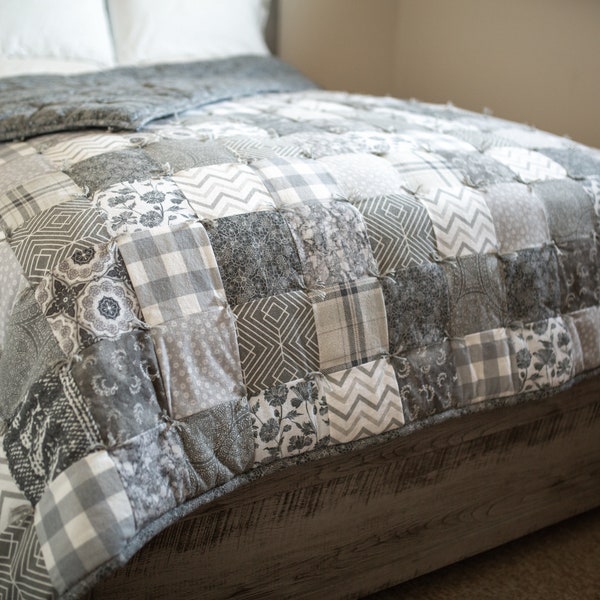 Grey handmade king size flannel quilt, grey plaid, white and gray soft warm bedspread, hand tied gray floral blanket, grey chevron flannel