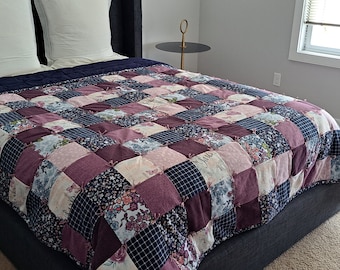 Handmade Patchwork Flannel Quilt: Floral Queen Size Summer Blanket