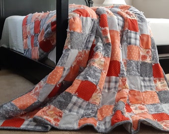 New coral orange and grey handmade, hand-tied flannel quilt, queen orange butterfly flannel blanket, Grey plaid and peach flannel comforter