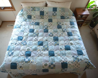 Handmade Hand tied Blue and White King Size Flannel Blanket - Heirloom Quality Quilt - Unique Practical Gifts that Last - Cozy Home Decor