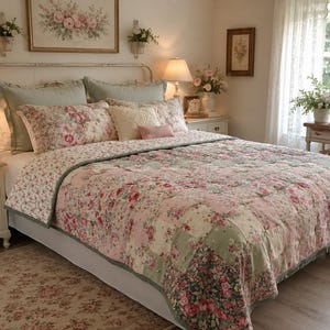 Peut inclure: Un couvre-lit en patchwork avec un motif floral dans des tons de rose, vert sauge et crème. Le couvre-lit recouvre un lit avec des taies d'oreiller vert sauge et un petit coussin rectangulaire. Le tissu présente un motif de roses répétitif.
