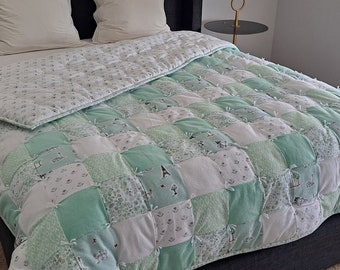 New spa green and white handmade, handtied patchwork quilt, vintage Paris in the Spring flannel quilt, soft flannel queen size blanket