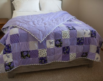 Purple Lilacs and Butterflies Handmade Flannel Patchwork Quilt for Sale, Queen Size Comforter, Full Size Bedspread, Practical Gift for Mom