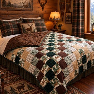 Peut inclure: Un couvre-lit en patchwork avec un motif en losanges dans des tons vert foncé, marron et beige. Le couvre-lit présente des carrés alternés de couleurs unies, de motifs à carreaux et d'imprimés forestiers avec des cerfs, fini par des liens.
