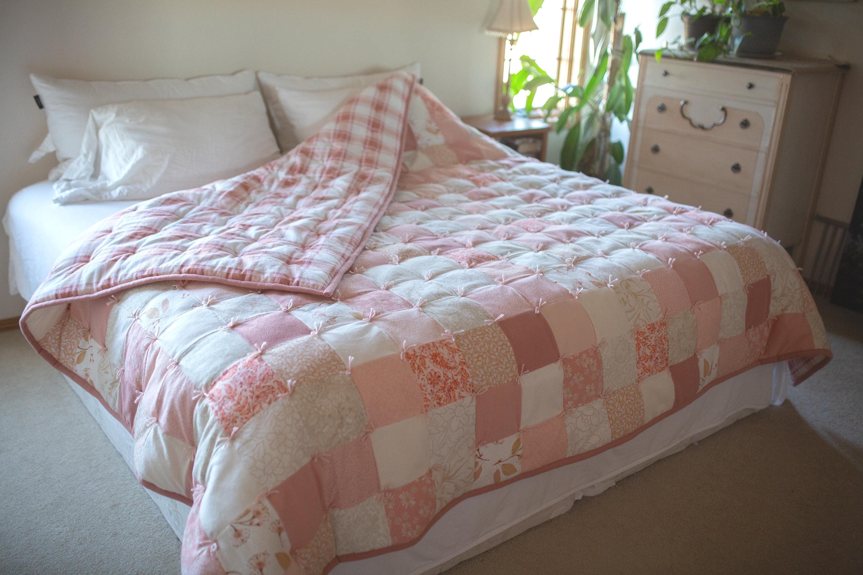 Pink clay handmade king size flannel quilt, new finished homemade hand tied flannel blanket, soft and cozy comforter, practical gift