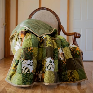 Earthy Green Flannel Patchwork Quilt • Cozy Handmade Throw • Livingroom Blanket