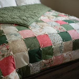 Woodland Garden Flannel Quilt | Green & Coral Patchwork Bedspread | Botanical Cottage Blanket | Handmade Heirloom