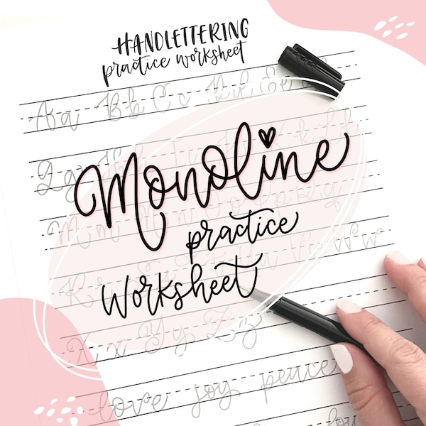 Cursive monoline hand lettering style practice worksheet