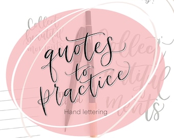 以下が含まれることがあります： 黒い筆記体で「quotes to practice」と書かれたピンク色の円。円の下には「Hand lettering」と書かれている。円の中央には、黒と茶色のペンが交差している。