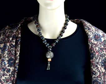Ancient Yemeni silver, horn and coral bead tribal necklace