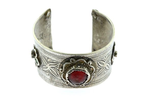 Old Moroccan Azbeg Silver, Enamel, glass and Niello Bracelet. Ida Ou Semlal Berber cuff