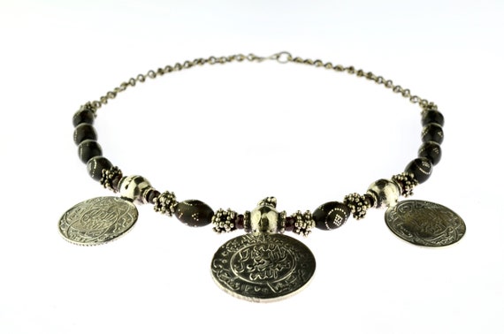Antique black coral silver inlay beads necklace. Yemen. Bedouin Tribal Necklace. Genuine Black coral worry beads and silver coins.