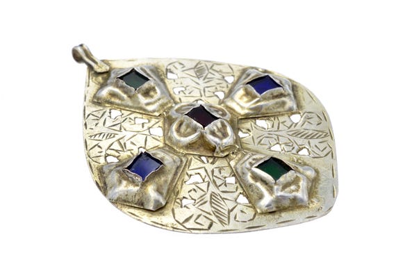 Khamsa Foulet: Berber Moroccan Gilded Silver Pendant with Glass Cabochons, Traditional Symbol of Protection and Cultural Heritage