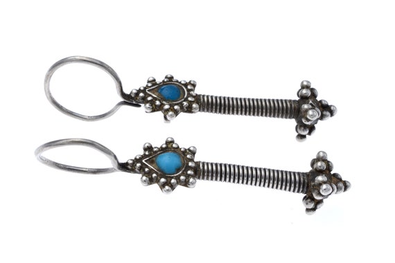 Antique Turkmen silver and blue glass earrings. Central Asia, Uzbekistan, Afghanistan tribal earrings