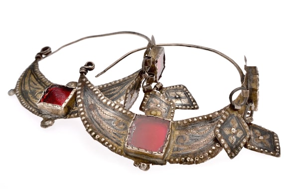 Antique IDA OU NATIF earrings silver with niello and old glass South Morocco ethnographic jewellery