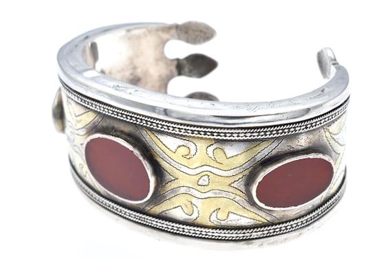 Turkmen Tribal Silver Gilded Cuff Bracelet with Carnelian Cabochons – Central Asia XX Century