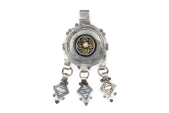Antique Moroccan silver enamel pendant Tafraoute Akhsass Anti Atlas Berber Amazigh frontal ornament tribal headdress jewelry