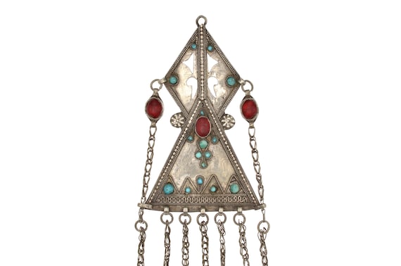 Antique Turkmen tribal pendant in silver with glass and turquoise cabochons