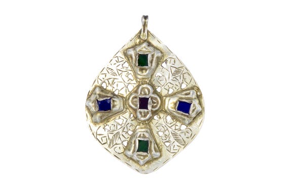Khamsa Foulet: Berber Moroccan Gilded Silver Pendant with Glass Cabochons, Traditional Symbol of Protection and Cultural Heritage
