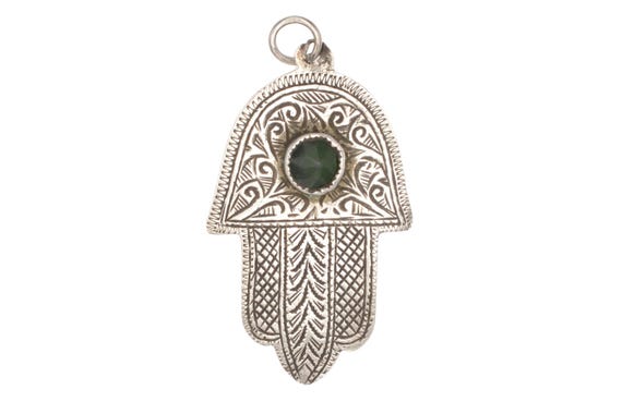 Antique Moroccan Silver Pendant Hand of Fatima Khamsa with Green Glass Cabochon Engraved Traditional North African Protective Symbol