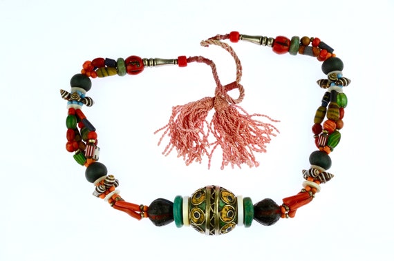 Old Berber multi rank necklace from Morocco. Tagmout silver beads, old turquoise, coral, lapis lazuli, carnelian, amazonite, trade beads
