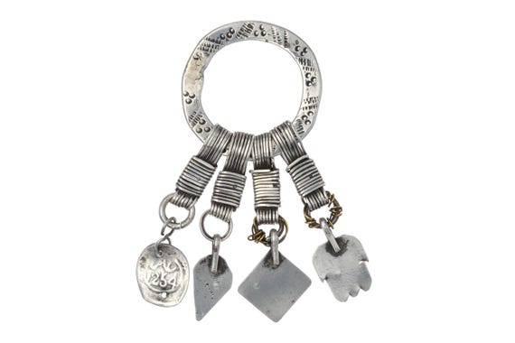 Tunisian silver ornament with KHAMSA hand and coin, ethnic belt ring with four pendants and stamped geometric decoration