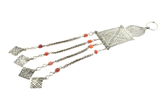 Old Ethnic Moroccan Silver Temporal Ornament with Coral from Ouezzane. Antique tribal berber jewel from Morocco