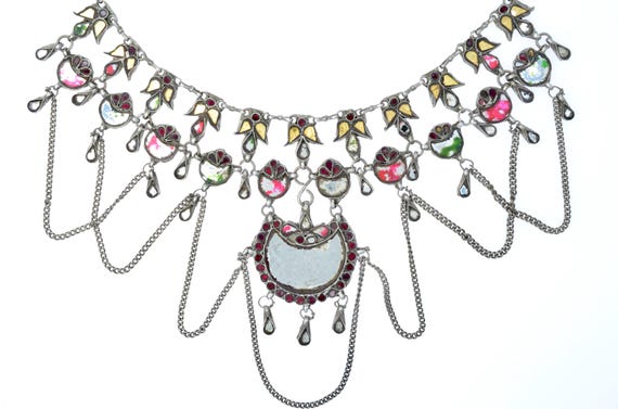 Antique Tribal Necklace in Solid Silver & Colored Glass, Delhi, India - Authentic Ethnic Jewelry, Floral Motifs, Traditional Indian