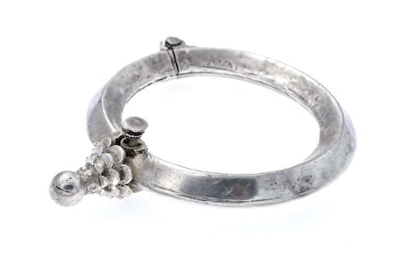 Old silver bracelet LOTUS FLOWER from Rajasthan, India. Antique Indian ethnic high grade silver bangle