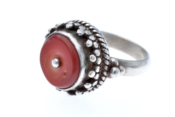 Old Tribal Tibetan Silver and Coral Ring