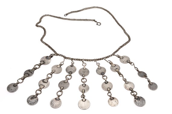Antique Moroccan silver coin pectoral, old Middle Atlas tribal ethnic necklace with seven pendant rows