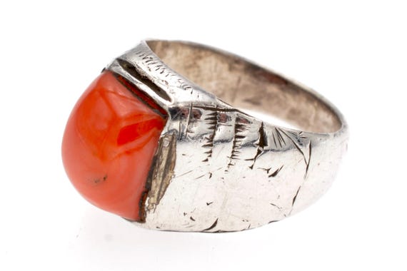Old Tribal Silver Ring with Red Coral Cabochon from Mongolia - Antique Ethnic Jewelry, Nomadic Mongolian Style - Ethnographic Heritage