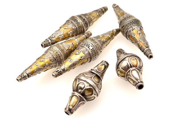 Lot of 6 old Turkmen beads in gilded silver