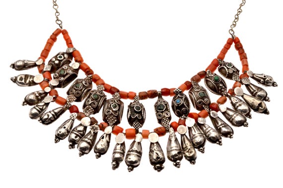 Antique Ladakh ethnic necklace, silver coral turquoise stones. Antique tribal Himalayan jewelry