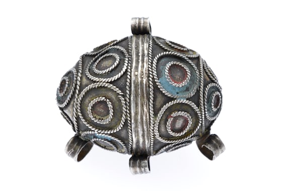 Large old TAGMOUT Ida Ou Semlal bead in enameled silver. Antique Berber tribal TAGUEMOUT silver bead from Morocco