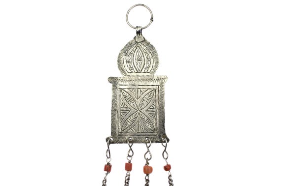 Old Ethnic Moroccan Silver Temporal Ornament with Coral from Ouezzane. Antique tribal berber jewel from Morocco