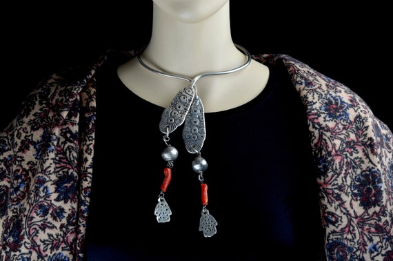 Old Berber traditional necklace. Antique Tunisian Tribal silver earrings