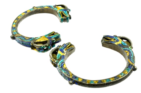 Antique pair of enamelled silver bracelets with dragon heads, Yao/Dao people, Vietnam