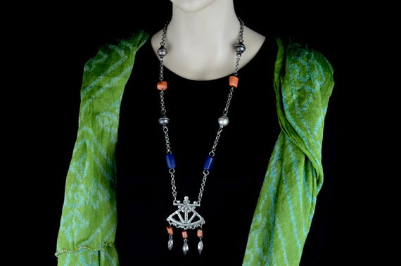 Antique Djerba necklace in hallmarked silver with coral and blue glass, North African tribal jewelry