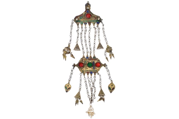 Tunisian Mnajech Wesh temporal ornament in gilded silver and enamel Mahdia or Djerba first half 20th century