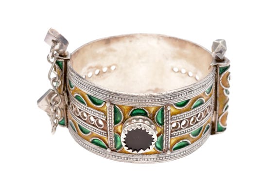 Amazigh Tribal Bracelet TANBELT, Silver, Polychrome Enamel, Red Cabochons, Tiznit, Morocco, Ethnic Jewelry, Western Anti-Atlas