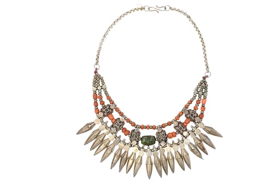 Old Ladakh ethnic necklace, silver coral turquoise stones. Antique tribal Himalayan jewelry