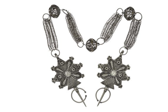 Antique Moroccan fibula pair, Central High Atlas tribal silver ethnic jewelry with chains