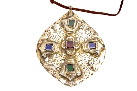 Old Khamsa Foulet: Berber Moroccan Gilded Silver Pendant with Glass Cabochons