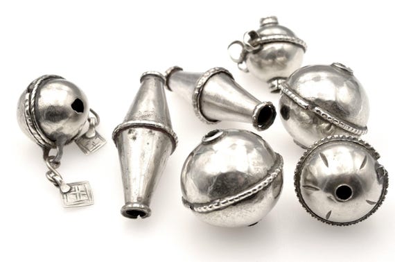 Lot of 7 old Berber silver beads from southern Morocco. Antique Moroccan Amazigh silver jewelry