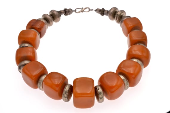 Antique Yemeni amber necklace with eleven rounded cube beads, traditional ethnic jewelry from Middle East