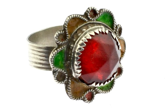 Old Tribal Enameled Ring from the Western Anti Atlas in Morocco. Antique Moroccan Berber high grad silver ring.